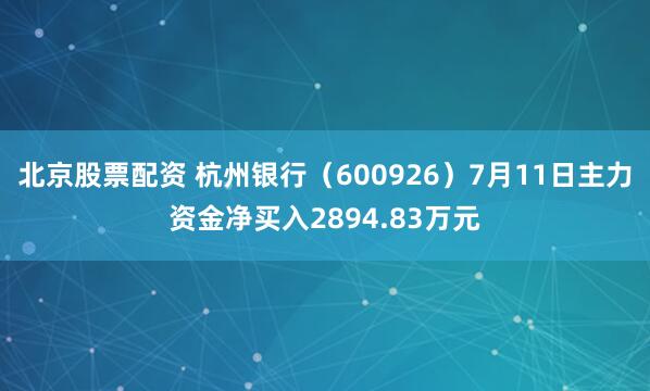 北京股票配资 杭州银行（600926）7月11日主力资金净买入2894.83万元
